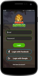 Mega Moolah mobile screenshot login